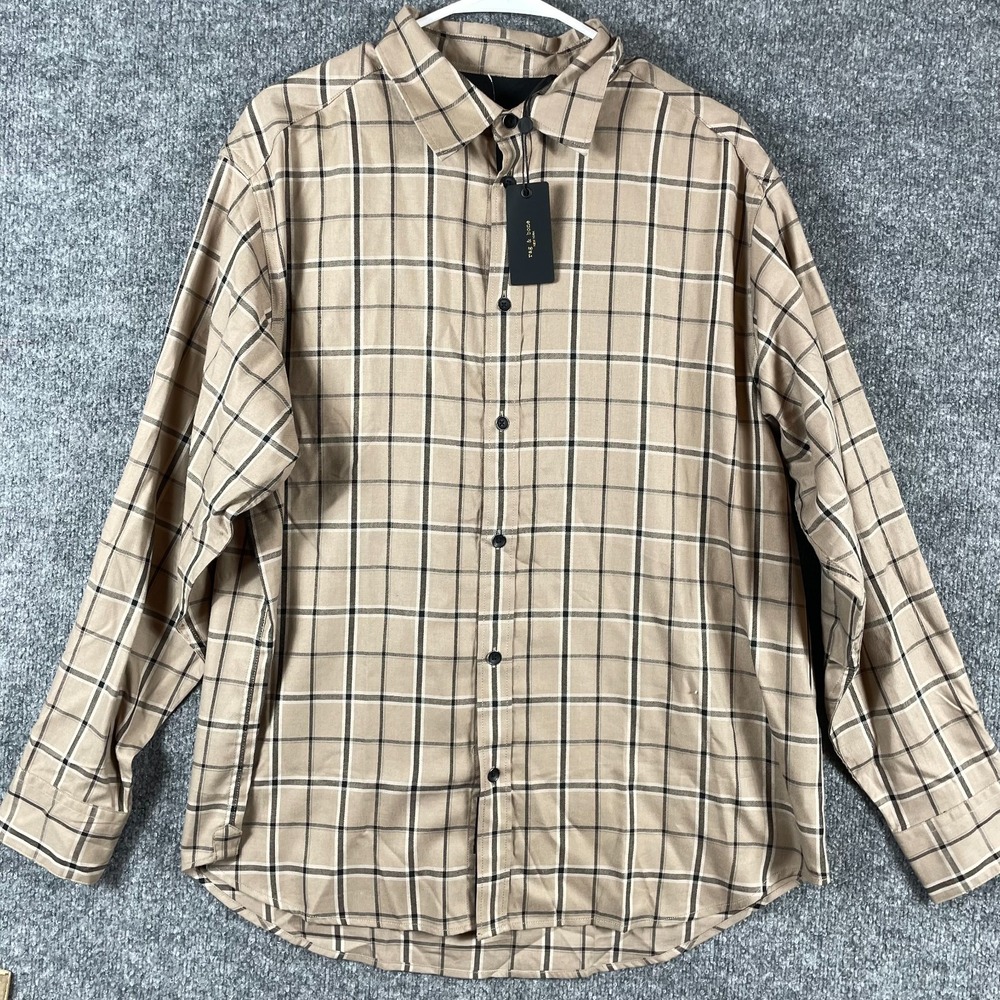 Rag & Bone‎ Shirt Mens Medium Beige Taupe Plaid Matthew Flannel Button Up $258